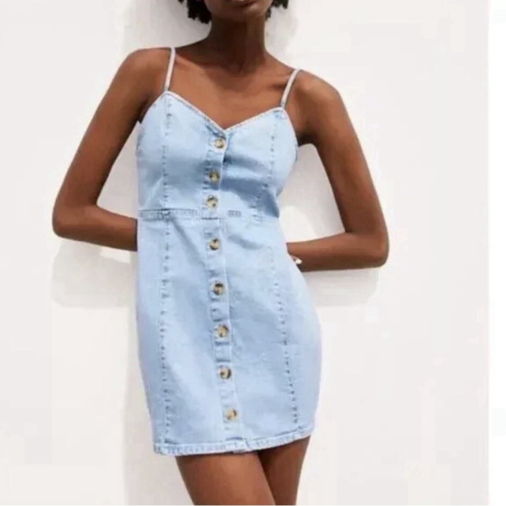 Zara Light Blue Denim Button-Front Spaghetti Strap Mini Dress